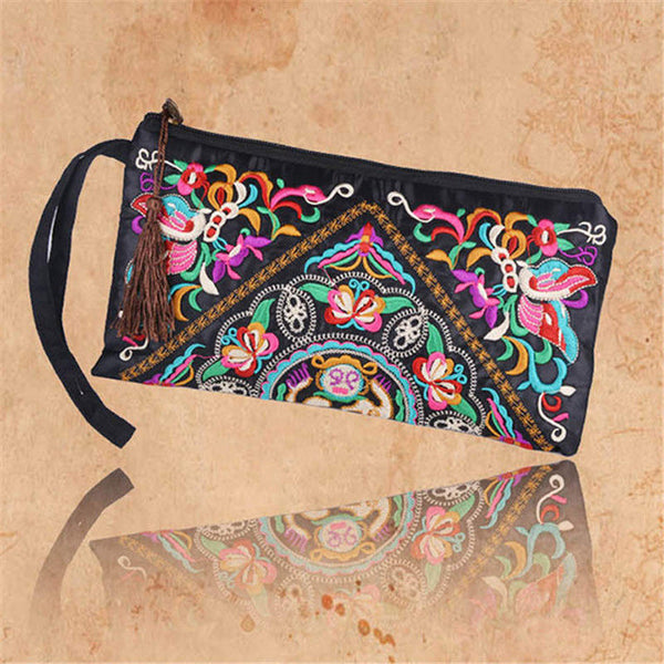 Hot Sales Women Retro Boho Ethnic Embroidered Wristlet Clutch Bag Handmade Purse Wallet Storage Bags