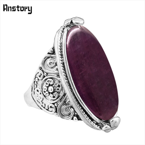 Flower Band Oval Opal Rings For Women Vintage Look Antique Silver Plated Personality Fashion Jewelry