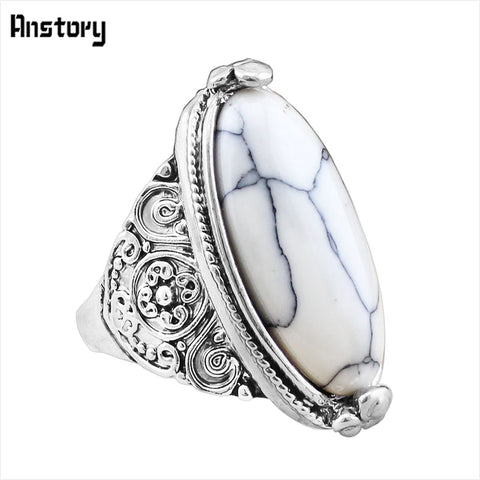 Flower Band Oval Natural Stone Rings For Women Vintage Look Antique Silver Plated 5 Colors Fashion Jewelry TR362