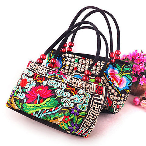 Double-Sided Canvas Flower Print Embroidery Ethnic Style Retro Handbag Small Bag