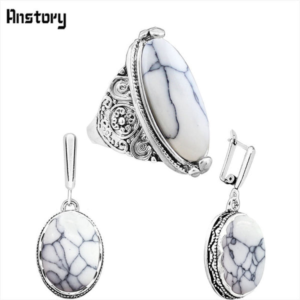 Oval Natural Stone Jewelry Set Choker Necklace Earrings Rings For Women Hollow Flower Pendant Stainless Steel Chain