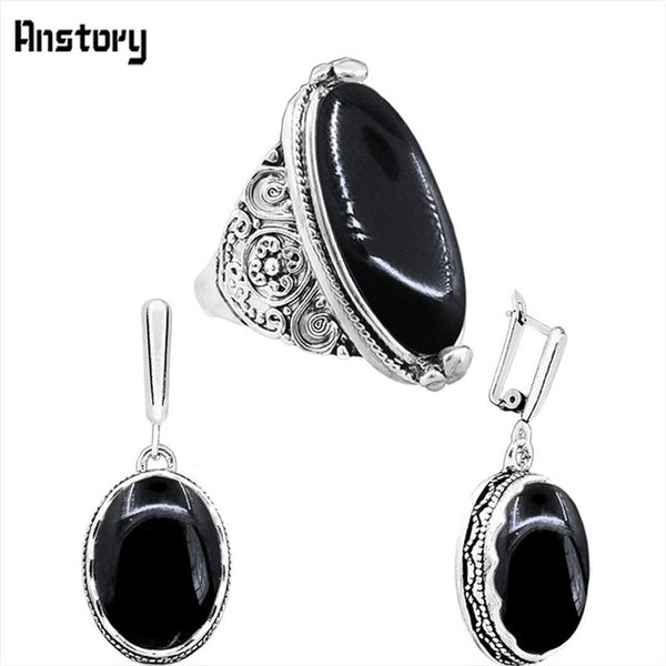 Oval Natural Stone Jewelry Set Choker Necklace Earrings Rings For Women Hollow Flower Pendant Stainless Steel Chain