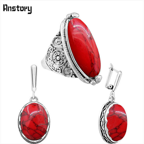 Oval Natural Stone Jewelry Set Choker Necklace Earrings Rings For Women Hollow Flower Pendant Stainless Steel Chain