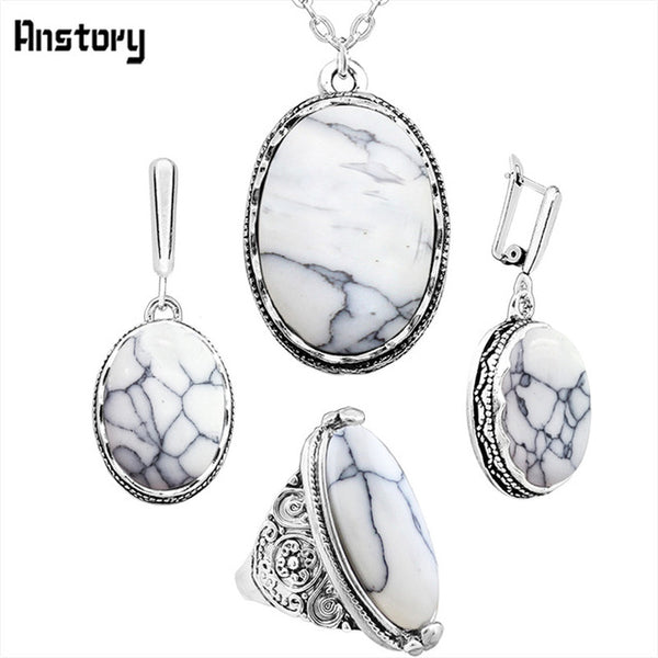 Oval Natural Stone Jewelry Set Choker Necklace Earrings Rings For Women Hollow Flower Pendant Stainless Steel Chain