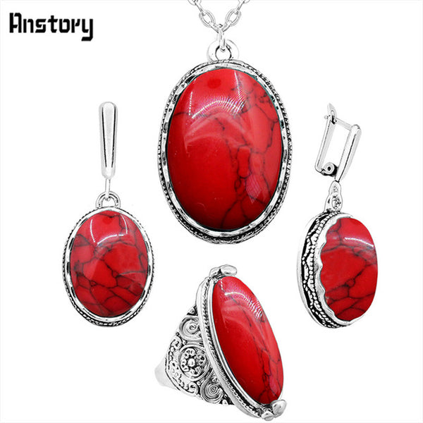 Oval Natural Stone Jewelry Set Choker Necklace Earrings Rings For Women Hollow Flower Pendant Stainless Steel Chain