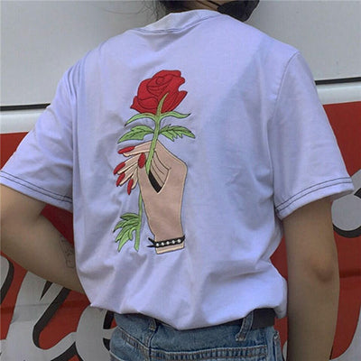 Embroidery Rose tshirt Women Couples Clothes T Shirt 2017 Summer Short Sleeve Female t-shirt harajuk Tops tee shirt femme C370