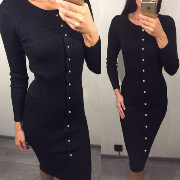 Knitting Vestido Midi Dress 2017 Warm Women Knitted Mid-calf O-neck Dresses Package Hip Sheath Bodycon Dress With Buttons LX062