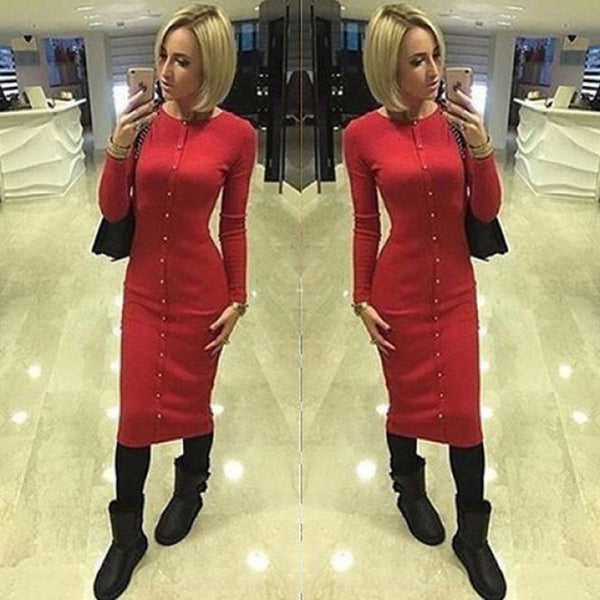 Knitting Vestido Midi Dress 2017 Warm Women Knitted Mid-calf O-neck Dresses Package Hip Sheath Bodycon Dress With Buttons LX062