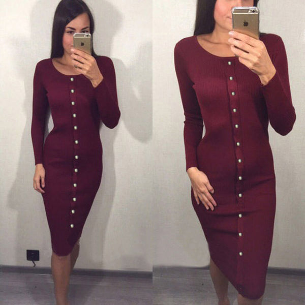 Knitting Vestido Midi Dress 2017 Warm Women Knitted Mid-calf O-neck Dresses Package Hip Sheath Bodycon Dress With Buttons LX062