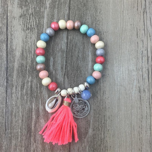 2017 Bohemian Shell Charm Bracelet Tassel Glass Beaded Fashion Coloful Romantic Beach Wood Beads Bracelet For Women