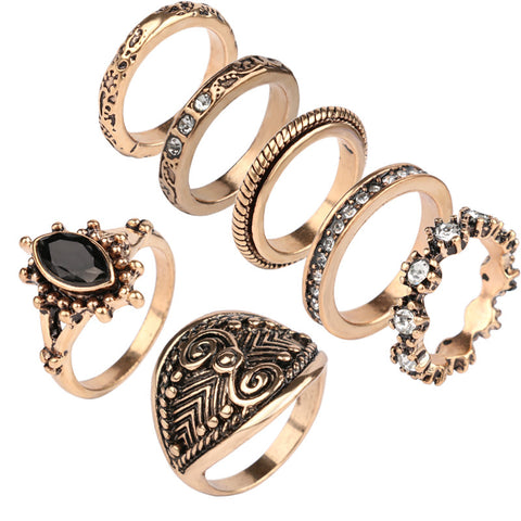 Yunkingdom 7pcs/Set Bohemian Vintage Punk Antique Gold-Color Resin Finger Rings for Women Bohemian Ring Set Fashion Jewelry