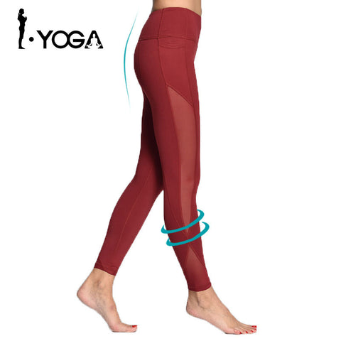Women Yoga Compression Pants Mesh Leggings Pants Elastic Tights Sexy Yoga Capri with Pocket for Workout Gym Jogging KE-09