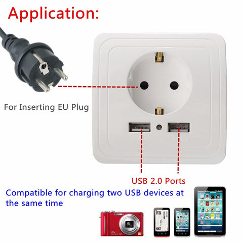 5V 2A Electric Dual USB Wall Charger Adapter EU Plug USB Wall Socket Power Charging Switch Outlet Plug USB Power Socket Panel