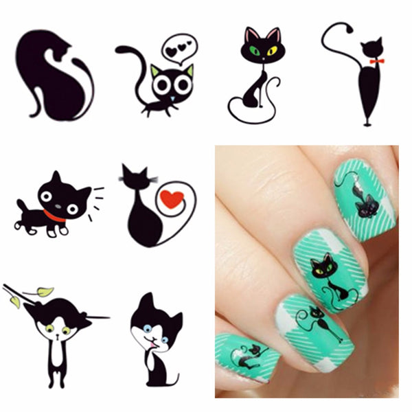 FWC New Fashion Lovely Sweet Water Transfer 3D Grey Cute Cat Nail Art Sticker Full Wraps Manicure Decal DIY