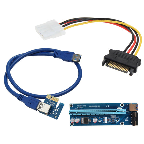 PCIe PCI-E PCI Express Riser Card 1x to 16x USB 3.0 Data Cable SATA to 4Pin IDE Molex Power Supply for BTC Miner Machine 60CM