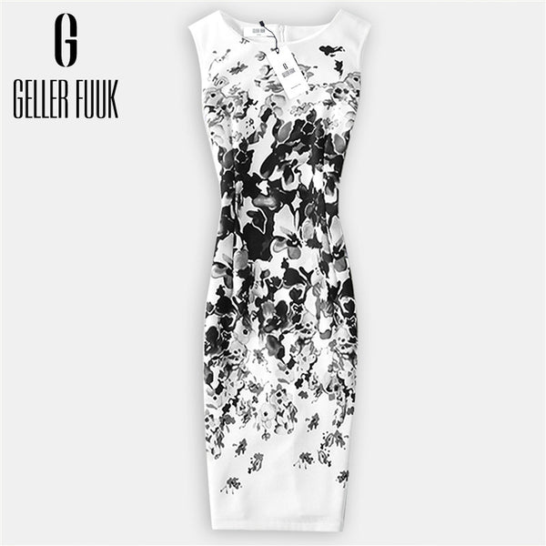 Geller Fuuk New 2017 Summer Women Dresses Casual Sheath Party Dress Sleeveless Knee-Length O-Neck Print Elegant Dress #A800