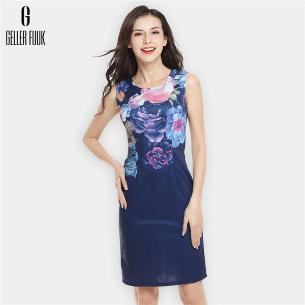 Geller Fuuk New 2017 Summer Women Dresses Casual Sheath Party Dress Sleeveless Knee-Length O-Neck Print Elegant Dress #A800