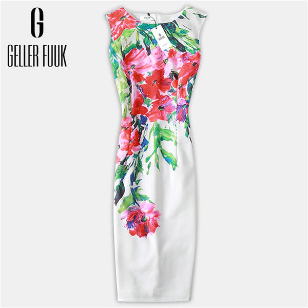 Geller Fuuk New 2017 Summer Women Dresses Casual Sheath Party Dress Sleeveless Knee-Length O-Neck Print Elegant Dress #A800