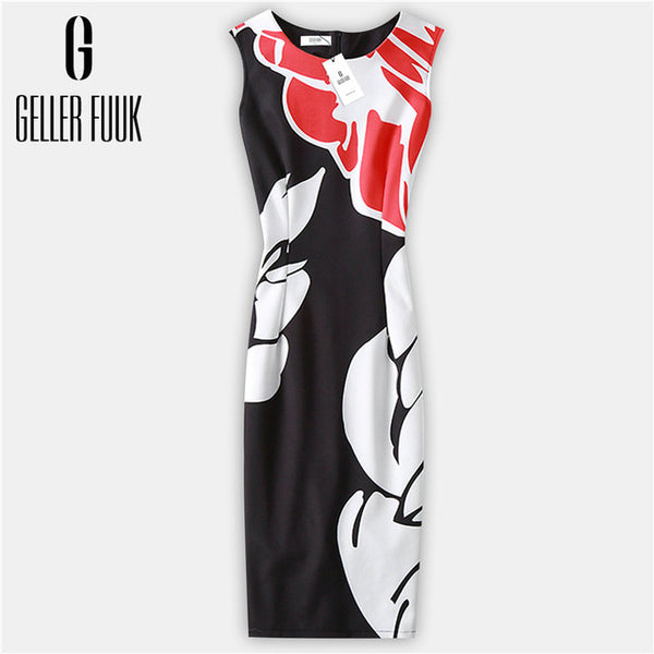 Geller Fuuk New 2017 Summer Women Dresses Casual Sheath Party Dress Sleeveless Knee-Length O-Neck Print Elegant Dress #A800