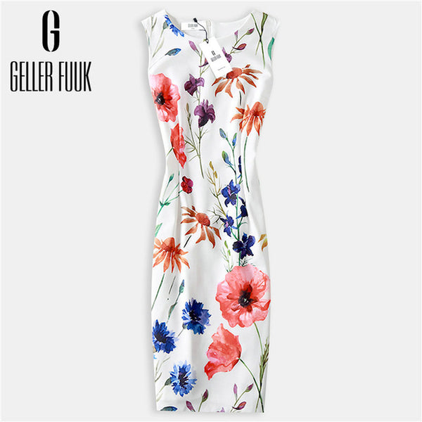 Geller Fuuk New 2017 Summer Women Dresses Casual Sheath Party Dress Sleeveless Knee-Length O-Neck Print Elegant Dress #A800