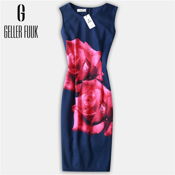 Geller Fuuk New 2017 Summer Women Dresses Casual Sheath Party Dress Sleeveless Knee-Length O-Neck Print Elegant Dress #A800