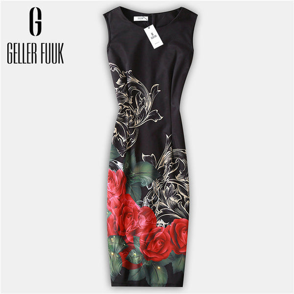 Geller Fuuk New 2017 Summer Women Dresses Casual Sheath Party Dress Sleeveless Knee-Length O-Neck Print Elegant Dress #A800