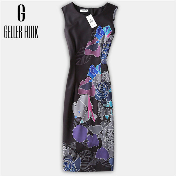 Geller Fuuk New 2017 Summer Women Dresses Casual Sheath Party Dress Sleeveless Knee-Length O-Neck Print Elegant Dress #A800