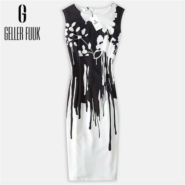 Geller Fuuk New 2017 Summer Women Dresses Casual Sheath Party Dress Sleeveless Knee-Length O-Neck Print Elegant Dress #A800