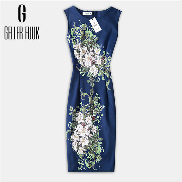 Geller Fuuk New 2017 Summer Women Dresses Casual Sheath Party Dress Sleeveless Knee-Length O-Neck Print Elegant Dress #A800