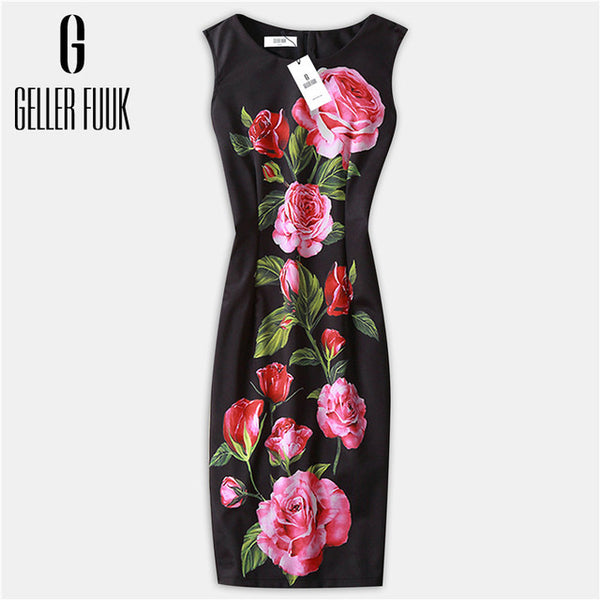 Geller Fuuk New 2017 Summer Women Dresses Casual Sheath Party Dress Sleeveless Knee-Length O-Neck Print Elegant Dress #A800