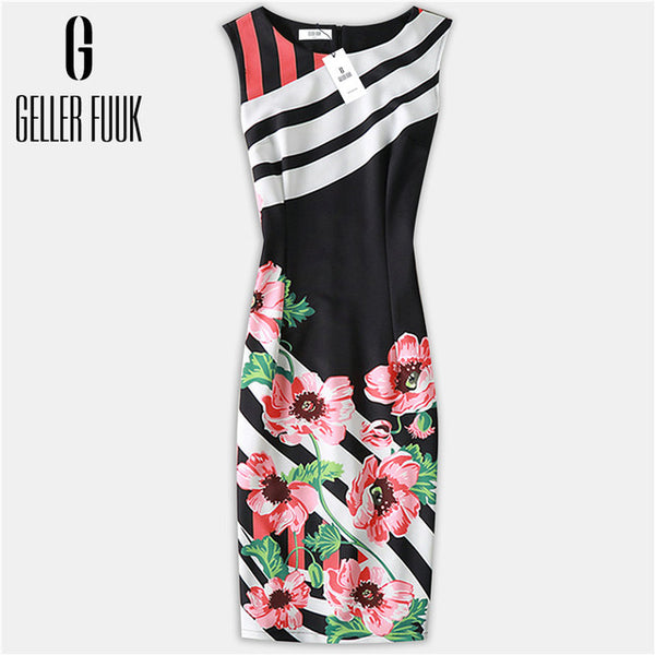 Geller Fuuk New 2017 Summer Women Dresses Casual Sheath Party Dress Sleeveless Knee-Length O-Neck Print Elegant Dress #A800