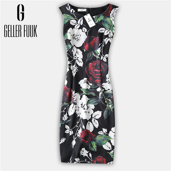 Geller Fuuk New 2017 Summer Women Dresses Casual Sheath Party Dress Sleeveless Knee-Length O-Neck Print Elegant Dress #A800