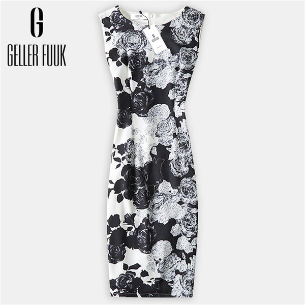 Geller Fuuk New 2017 Summer Women Dresses Casual Sheath Party Dress Sleeveless Knee-Length O-Neck Print Elegant Dress #A800