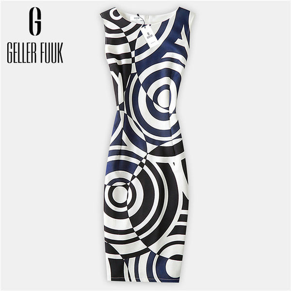 Geller Fuuk New 2017 Summer Women Dresses Casual Sheath Party Dress Sleeveless Knee-Length O-Neck Print Elegant Dress #A800