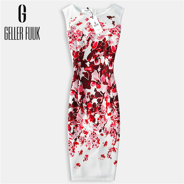 Geller Fuuk New 2017 Summer Women Dresses Casual Sheath Party Dress Sleeveless Knee-Length O-Neck Print Elegant Dress #A800