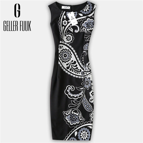 Geller Fuuk New 2017 Summer Women Dresses Casual Sheath Party Dress Sleeveless Knee-Length O-Neck Print Elegant Dress #A800