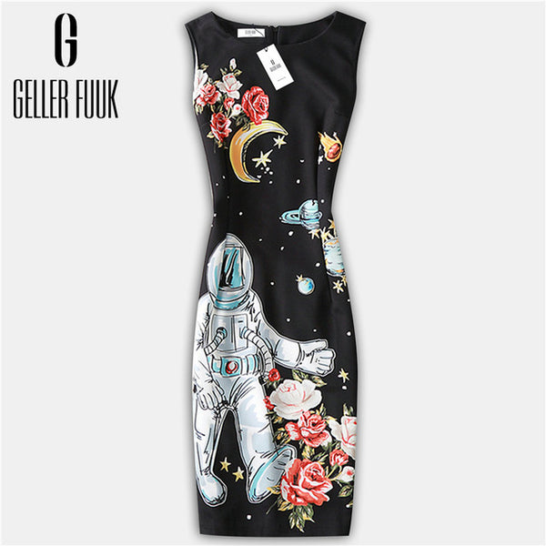 Geller Fuuk New 2017 Summer Women Dresses Casual Sheath Party Dress Sleeveless Knee-Length O-Neck Print Elegant Dress #A800