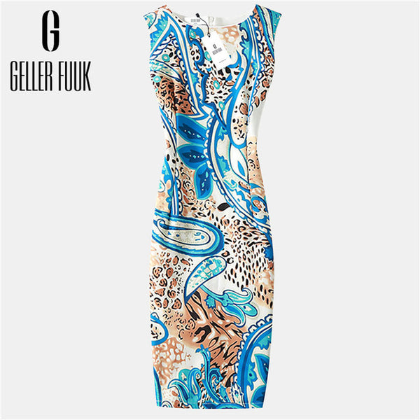 Geller Fuuk New 2017 Summer Women Dresses Casual Sheath Party Dress Sleeveless Knee-Length O-Neck Print Elegant Dress #A800