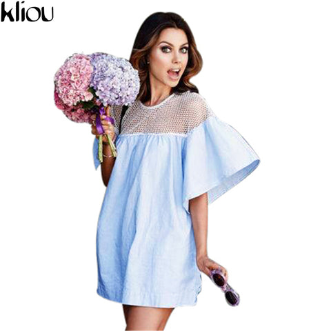 Kliou 2017 summer beach dress ladies flare sleeve sexy short dresses women casual slim dress beachwear patchwork mesh lace dress