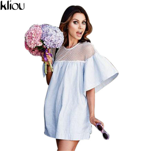 Kliou 2017 summer beach dress ladies flare sleeve sexy short dresses women casual slim dress beachwear patchwork mesh lace dress