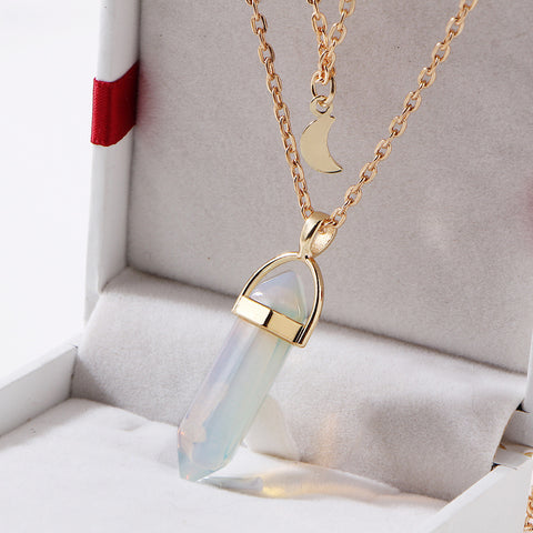 Bullet Shaped Natural Stone Pendants Necklaces For Women Gold-color Double Layer Moon Chokers Hexagonal Column  colar