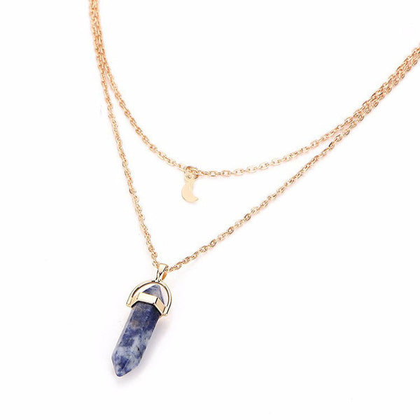 Bullet Shaped Natural Stone Pendants Necklaces For Women Gold-color Double Layer Moon Chokers Hexagonal Column  colar