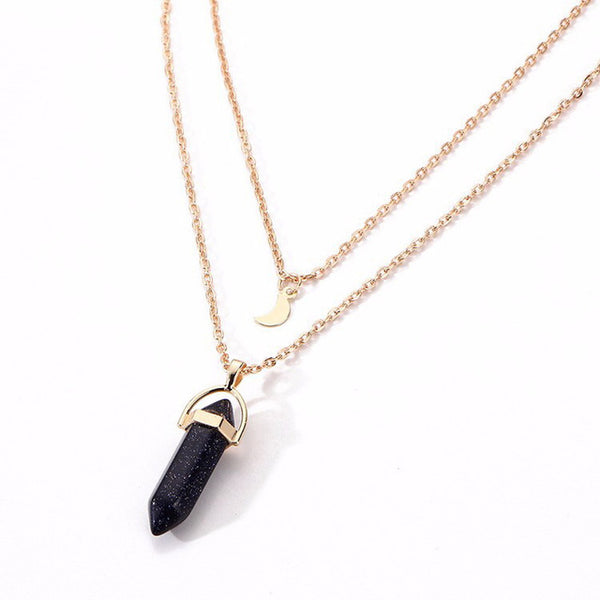 Bullet Shaped Natural Stone Pendants Necklaces For Women Gold-color Double Layer Moon Chokers Hexagonal Column  colar