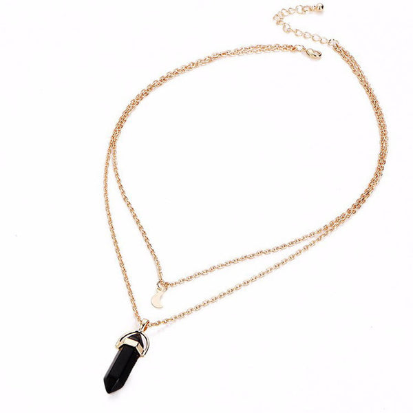 Bullet Shaped Natural Stone Pendants Necklaces For Women Gold-color Double Layer Moon Chokers Hexagonal Column  colar