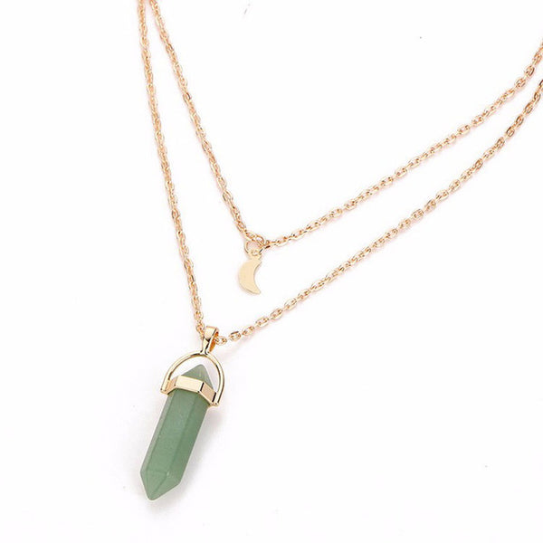 Bullet Shaped Natural Stone Pendants Necklaces For Women Gold-color Double Layer Moon Chokers Hexagonal Column  colar