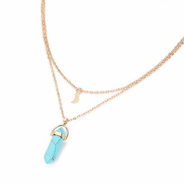 Bullet Shaped Natural Stone Pendants Necklaces For Women Gold-color Double Layer Moon Chokers Hexagonal Column  colar