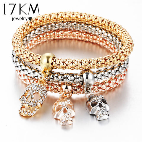 17KM Fashion Gold Color Crystal Skull Bracelet & Bangle 2017 New 3 PCS/Set Charm Luxury Love Anchors Heart Women Bracelet Gift