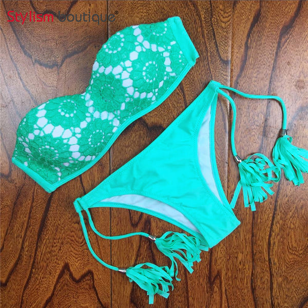 2017 Summer Style Floral Print Women Bikinis Set Crochet Lace Swimsuit Strapless Push Up Bandeau Biquinis Beachwear Bathing Suit