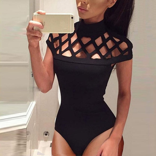 2017 Summer jumpsuit Womens Choker High Neck Bodycon Caged Sleeves Mesh Jumpsuit Hollow Out Playsuits Skinny Bodysuit Tops
