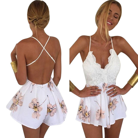 Flower Printing Jumpsuit Sexy Bodysuit Women Backless V Neck Strap Sleeveless cropped Rompers White Lace Playsuit